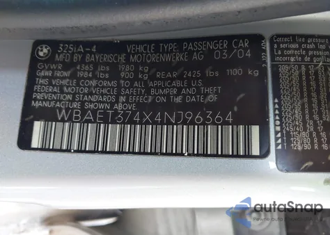 2004 BMW 325I из США, поврежденный, VIN WBAET374X4NJ96364